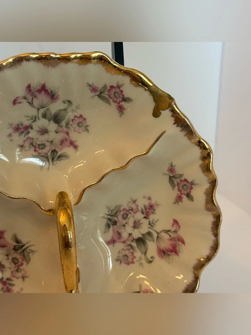 Antique 22k Gold Trim Divided Floral Relish Serving Dish Bowl with Handle